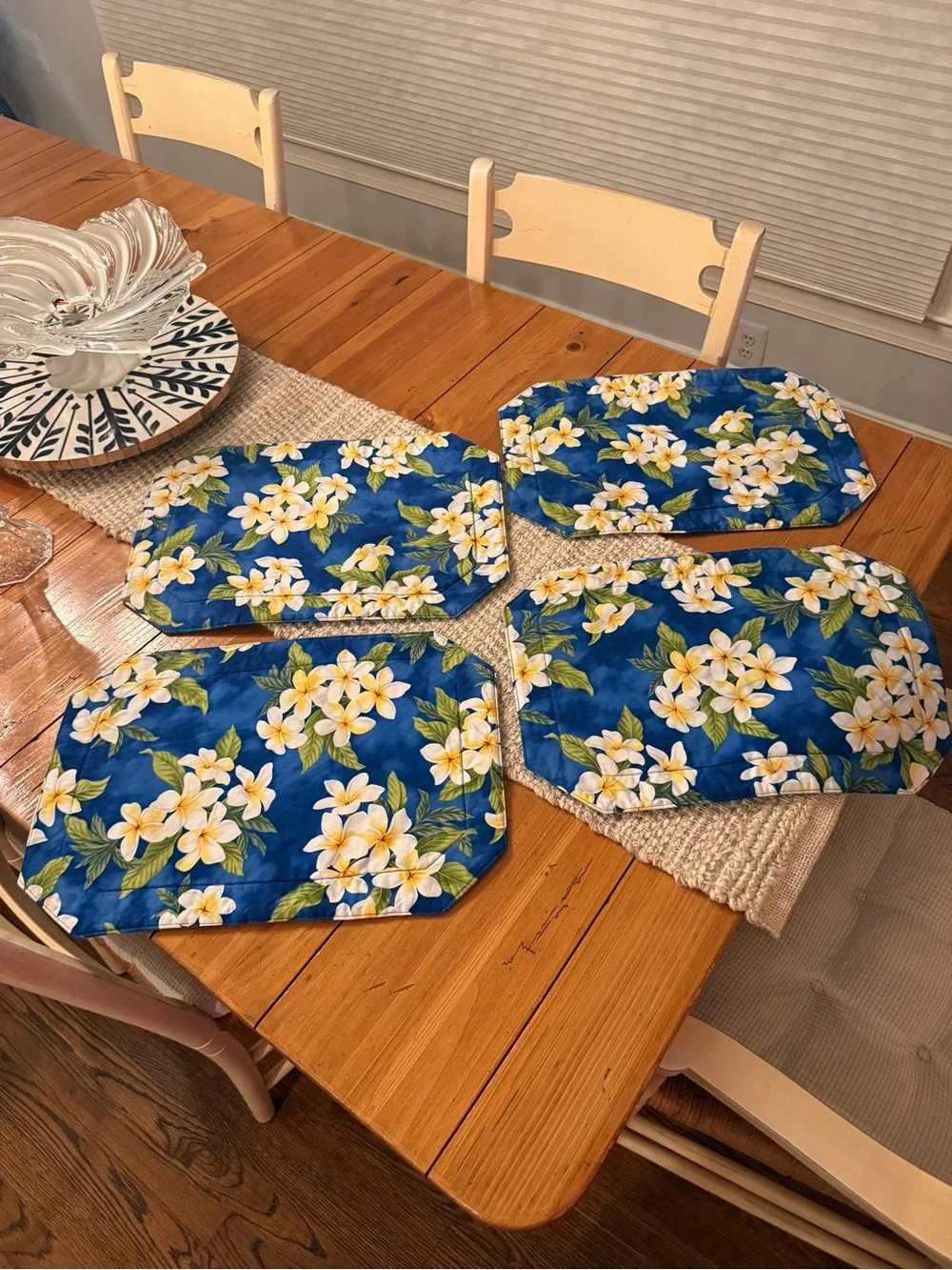 Tropical Plumeria Floral Reversible Quilted Placemats Blue Set of 4